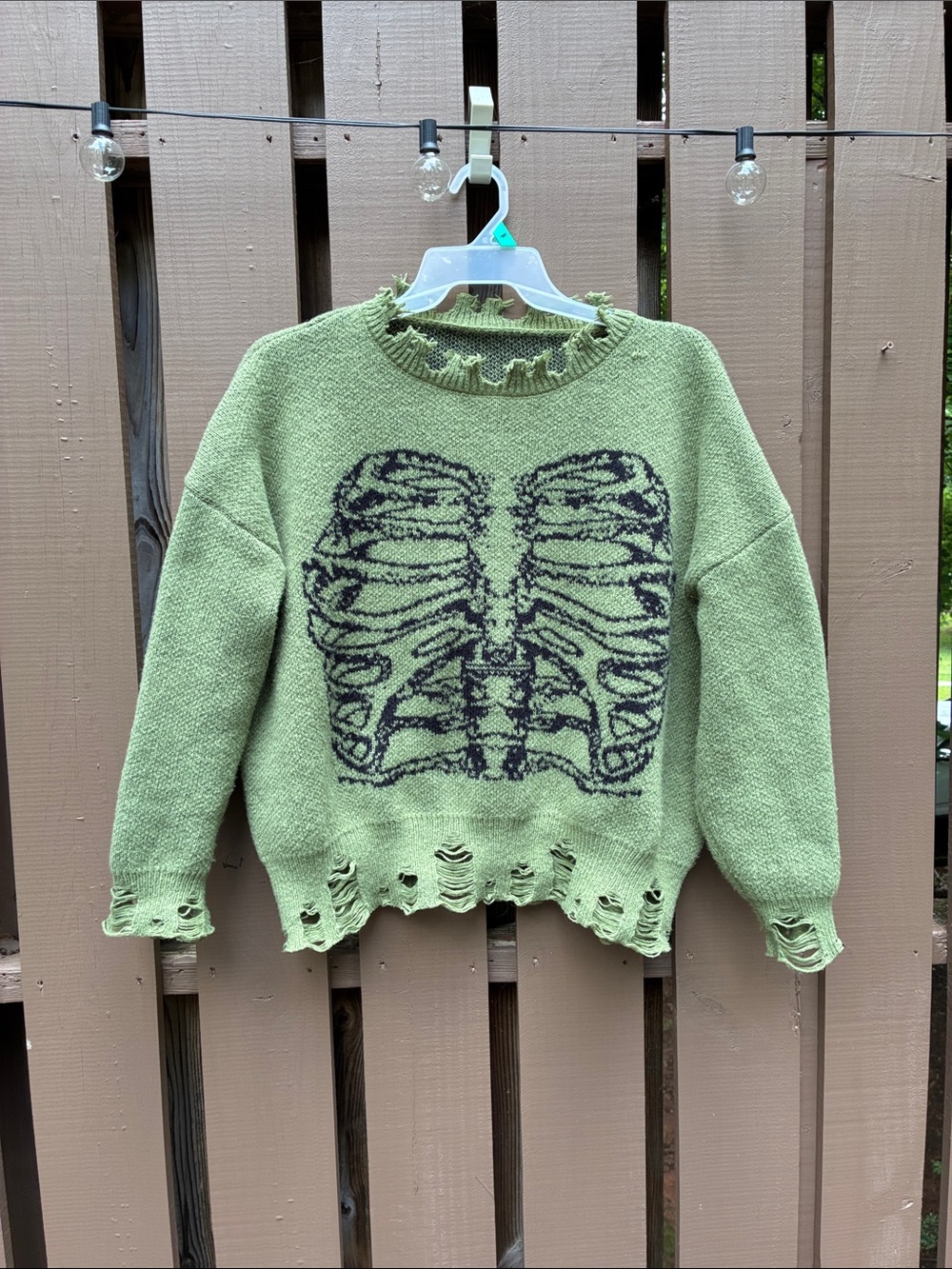 Olive Green Quite Distressed Light Weight Sweater w/ Rib Cage Graphic